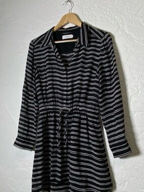 A.L.C. Striped 100% Silk Black Mini Dress with Drawstring Waist Size 2